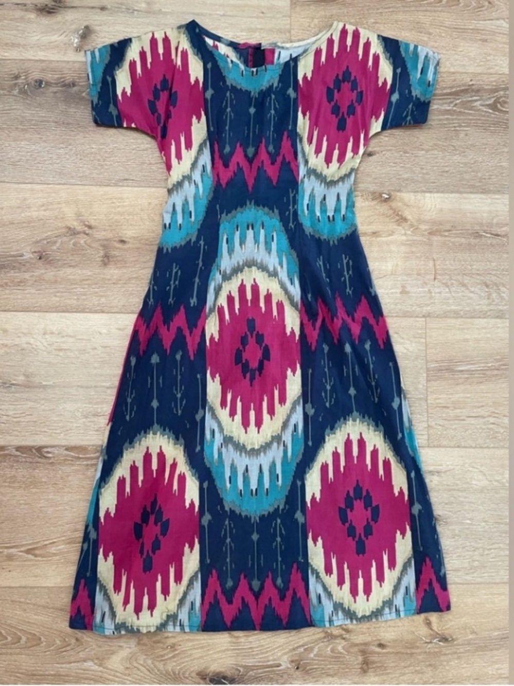 Vintage ikat print pink blue pattern short sleeve summer dress, XS